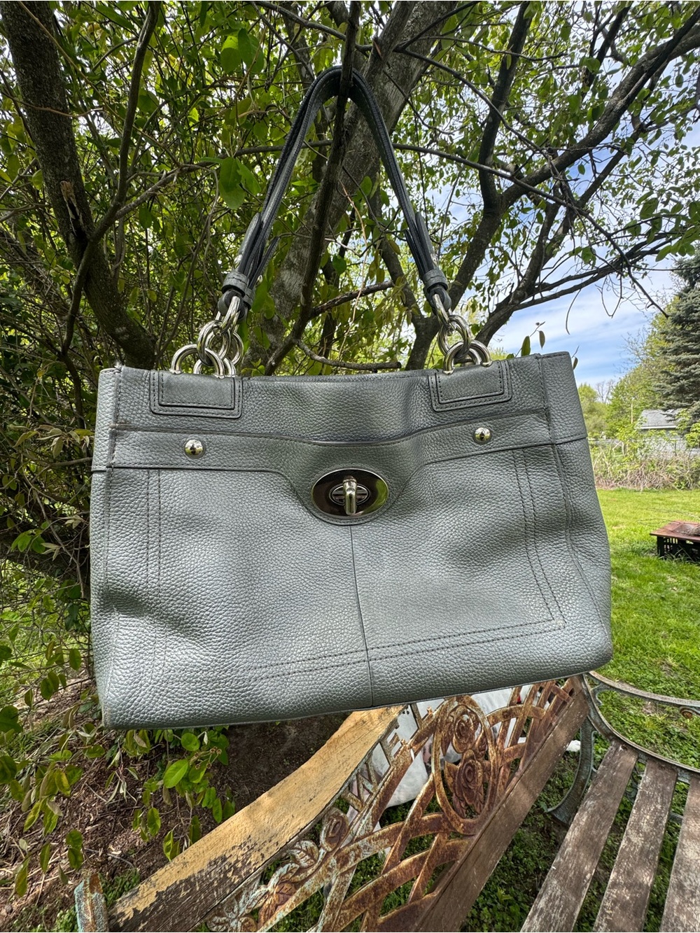 Coach Gray Pebbled Leather Shoulder Bag with Turn-Lock